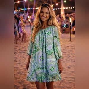 Eva Mendez Chiffon Lined Dress Women's L  3/4 Sleeve Back Zip Travel Resort